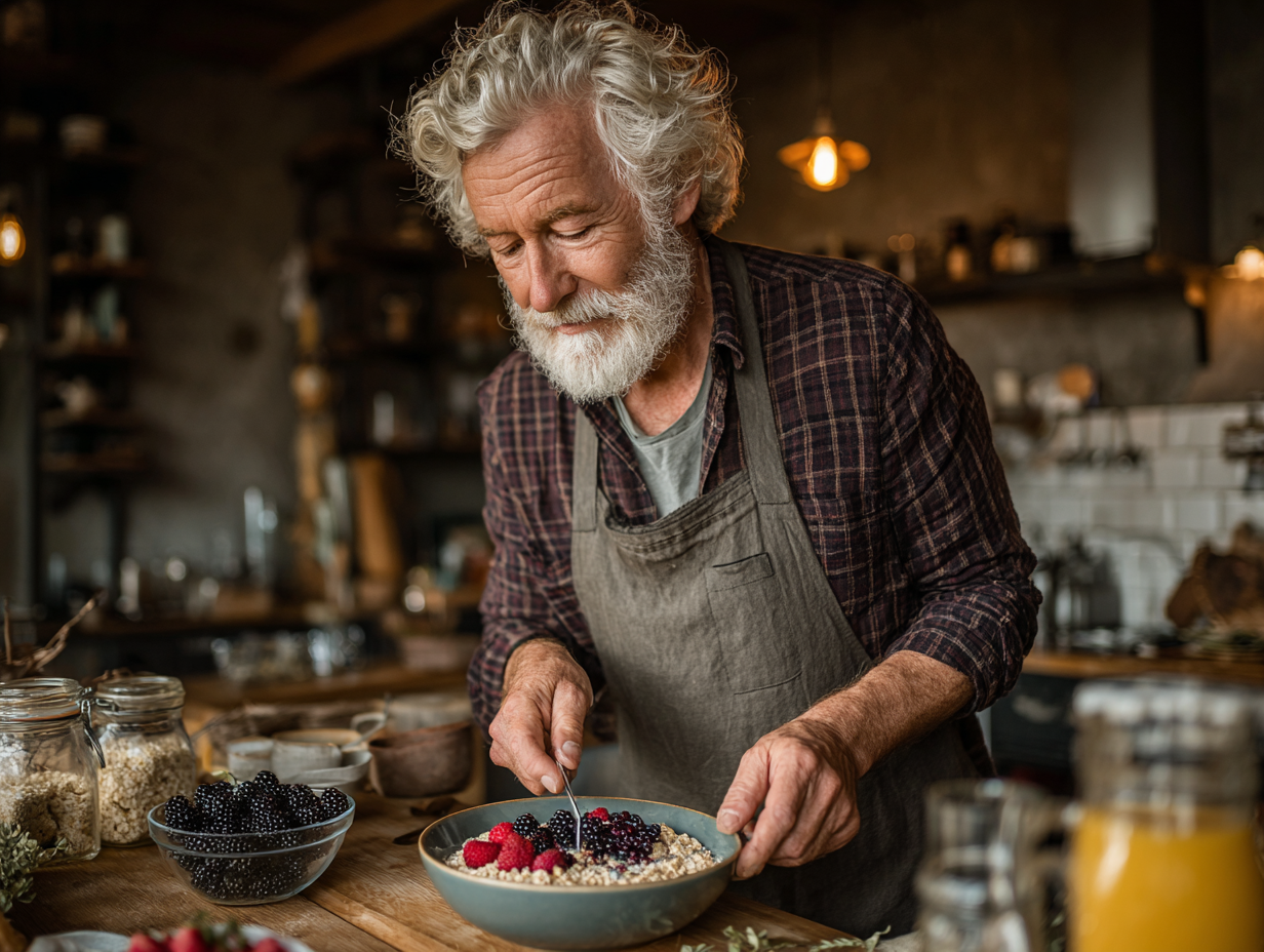 Старша пара готує здорову їжу разом на кухні